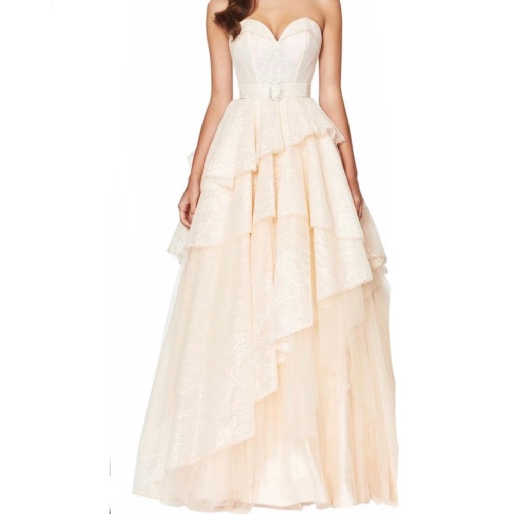 Champagne Gown, Strapless Lace Evening Gown by Angela and Alison 20023